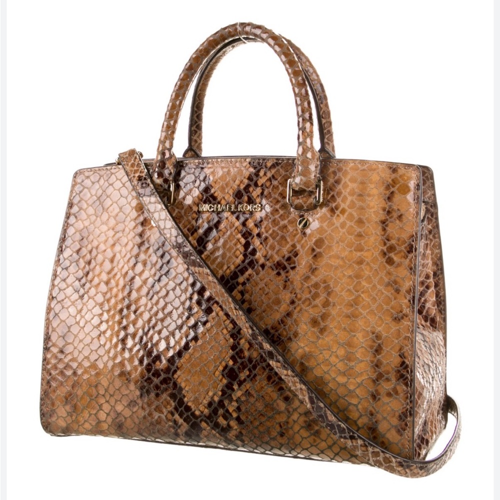 Michael Kors Selma Tan & Brown Snake-Embossed Large Leather Satchel Tote